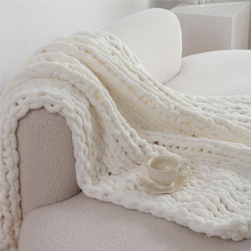 Chunky Knit Blanket Throw for Couch 50"×60" Cream | 100% Handmade Knitted Throw Blanket Fluffy Soft Blanket with Jumbo Chenille Yarn Thick - color: Cream, size: 50"*60"