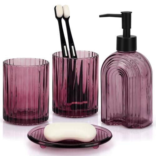 Bathroom Accessories Set, 4Pcs Glass Bathroom Accessories Set Complete, 11.6OZ Lotion Soap Dispenser, Toothbrush Holder, Mouthwash Cup, Soap Dish for Bathroom Decor, Countertop Organizer (Purple) - color: Purple Thin Rainbow