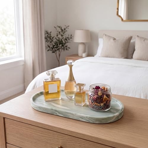 YKAJO Botanical Green Oval Marble Tray, 11.8x5.9 Vanity Perfume Organizer | Honed natural stone; jewelry & trinket dish, ring & key holder, soap & candle catchall; bath counter, dresser, coffee table - color: Botanical Green, size: 11.8" x 5.9" x 0.6"