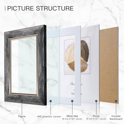 XUANLUO 5x7 Picture Frames Set of 4 Rustic Retro Photo Frame with HD Plastic Cover for Wall Mount and Tabletop Display Family Friends Wedding Gift - color: Grey-4pcs, size: 5 x 7 inch