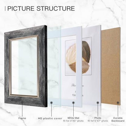 XUANLUO 5x7 Picture Frames Set of 4 Rustic Retro Photo Frame with HD Plastic Cover for Wall Mount and Tabletop Display Family Friends Wedding Gift - color: Grey-4pcs, size: 5 x 7 inch