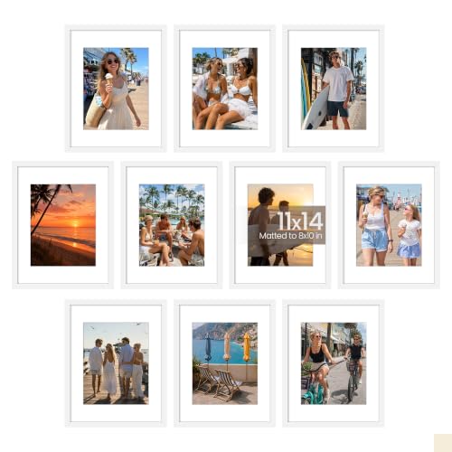upsimples 11x14 Picture Frame Set of 10, Display Pictures 8x10 with Mat or 11x14 Without, Multi Photo Frames Collage for Wall Display, White | Fit 8x10 with Mat and 11 x 14 Photos, Wall or Tabletop Display, For Gallery Hallway Living Room, For Christmas W