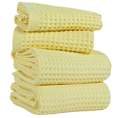 PÜSKÜL Natural 100% Turkish Cotton Waffle Towels Set for Bathroom (4-Piece) | Light Yellow Large Size 2 Hand and 2 Bath Towel, Quick-Dry Soft Absorbent Premium 3D Honeycomb Weave, Oeko-Tex Made in Turkey - color: Light Yellow