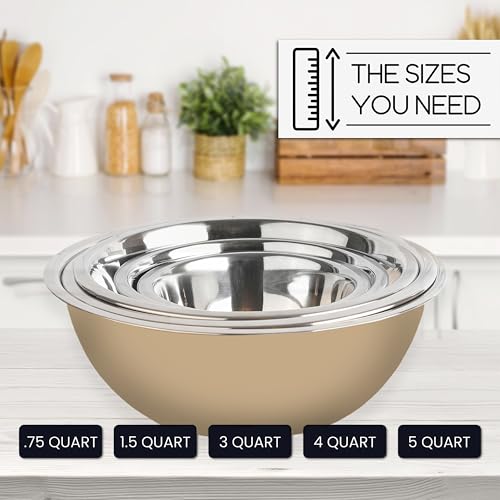Stainless Steel Mixing Bowls Set, 5-Piece Meal Prep & Food Storage | .75, 1.5, 3, 4 & 5 Quart Metal Mixing Bowls Set for Prep, Serving, Baking & Food Storage, Ecofriendly, Dishwasher Safe, Khaki - color: Khaki