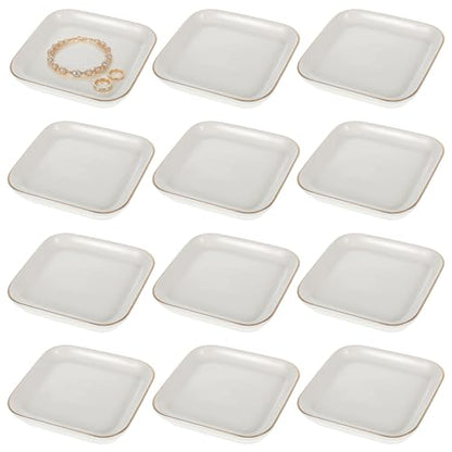 12 Pack Ceramic Jewelry Trays, 4.53 Inch Square Jewelry Dish with Gold Rim, Small Ring Dish Holder for Dresser Vanity, Stackable Decorative Tray, Earring Organizer for Display