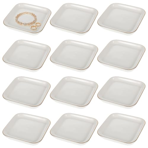 12 Pack Ceramic Jewelry Trays, 4.53 Inch Square Jewelry Dish with Gold Rim, Small Ring Dish Holder for Dresser Vanity, Stackable Decorative Tray, Earring Organizer for Display