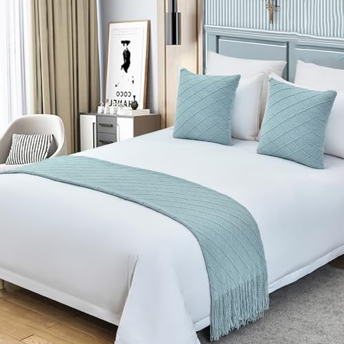 Cotton Knit Bed Runner,knitted Throw Blanket With Tassel,decorative Bedding Scarf Cover,solid Color Woven Sofa Throw Bed Runner For Hotel Home Double Single King Size Bed(Queen 26x91inch, Light blue) - color: Light Blue, size: Queen 26x91inch