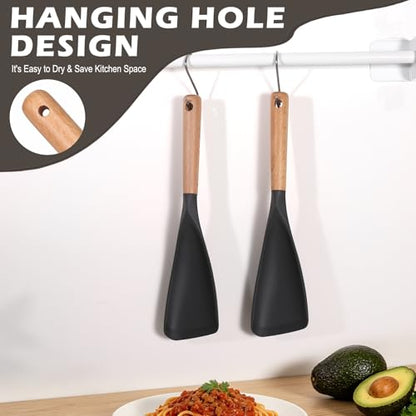 Cooking Spoon for Nonstick Cookwares, Multifunction Spatula Spoon, Great for Both Cooking and Serving, Wood Handle Spoon for Stirring, Mixing, Serving (2, BLACK) - color: Black