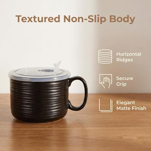Nihow 35 OZ Large Ceramic Soup Bowl with Handle and Lid,Matte Black | Microwave Safe, Dishwasher Safe, Oversized, For Ramen, Noodles, Stew, Oatmeal - color: Matte Black, size: 35 OZ