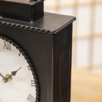 Vintage Mantel Clock, Large Rustic Distressed Metal Table Clock with Handle, Silent Non-Ticking Quartz Movement, Antique Brown Fireplace Shelf Desk Clock for Living Room Bedroom Office - style: Mantel Clock
