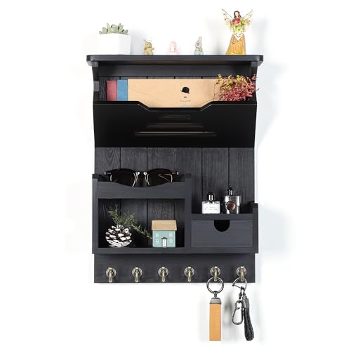 DOPACE Handcrafted Pine Wood Mail Organizer & Key Holder, Black | Hand-polished natural pine wood with storage drawer & 6 hooks, Fine spray paint finish, Easy wall mount - color: Black