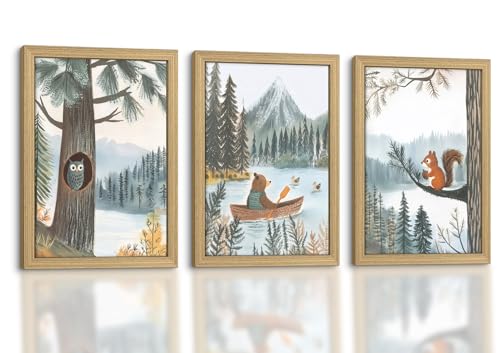Framed Woodland Animal Canvas Wall Art 3 Pcs Forest Decor 24X16 Inch | Animal Painting Prints Picture Poster with woodland forest style nursery kidsroom bedroom livingroom entryway Ready To Hang - color: Forest Animal 020, size: 16L" x 24W"