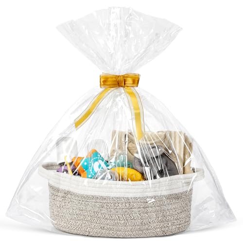 LANDNEOO Small Woven Basket with Gift Bags and Ribbons, Empty Decorative Gift Chest Box, Cute Baby Gift Basket for Nursery, Cotton Rope Room Shelf Storage Basket with Handles, 12"x 8"x 5", Brown - color: Brown
