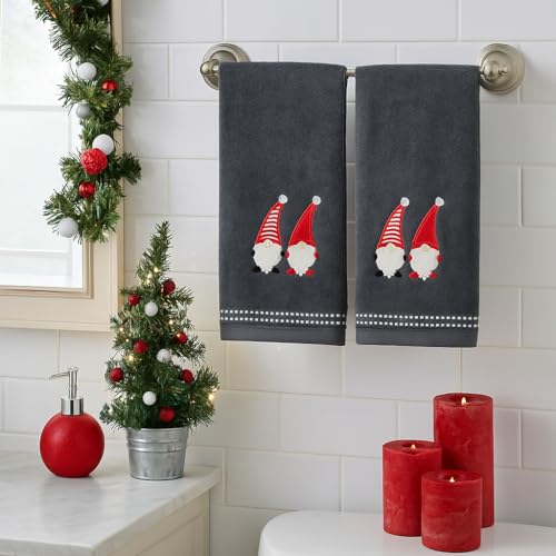 Christmas Gnomes Towel Set: Dark Grey Hand Towels with Red White Embroidery Jolly Nordic Gnome, Set of 2 - color: Holiday Gnomes