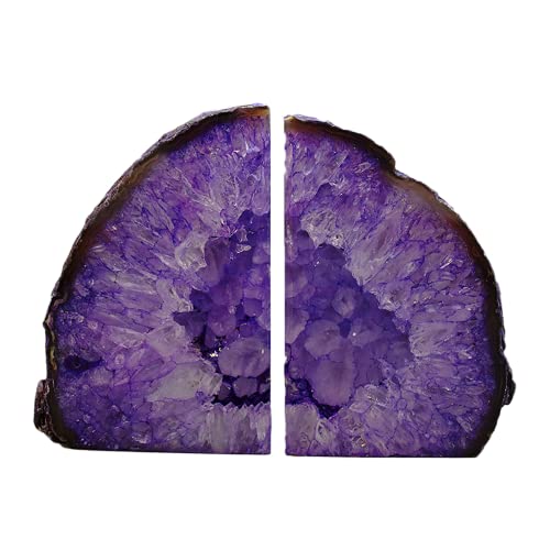 JIC Gem Dyed Purple Agate Geode Bookends Crystal Book Hold for Shelves | 1 Pair, 3-4 Lbs Decorative Gemstone Stoppers with Non-Skid Rubber Bumpers for Tabletop Decor Cute Crystal Supports Gift - color: Purple Dyed, size: 3-4LBS.