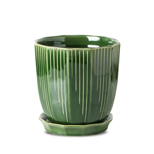 ADN 6Inch Green Ceramic Planter Pot with Drainage Hole and Saucer | Modern Indoor Outdoor Small Decorative Planter Pot, for Home,Garden,Office Gift; 6/8/10 inch - color: Green, size: 6 in