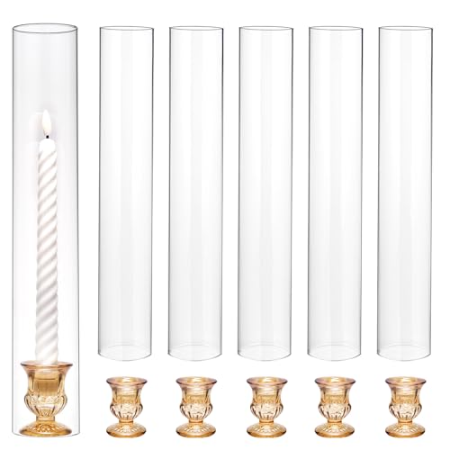 CHILL RECIPE Hurricane Glass Candle Holders-Set of 6 Tall Taper Candle Holder with 14” Tall Clear Cylinder Covers for Wedding Table Centerpiece Home Decor (Gold Base+Clear Chimney) - color: Gold, size: 14Inch (6Pcs)