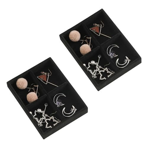 Small Jewelry Trays for Drawer,2 Pack 4 Grid Earring Organizer | Jewelry Display for Rings Stud,Jewelry Box Inserts,Drawer Inserts,Adjustable Dividers,Earring Organizer,Stackable,Mini Size - color: Black, size: 4 Grids Set 2