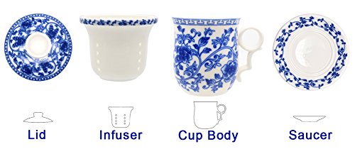 Porcelain Tea Cup with Infuser Lid and Saucer Sets - Chinese Jingdezhen Ceramics Coffee Mug Teacup Loose Leaf Tea Brewing System for Home Office - color: Wealth Blue and White