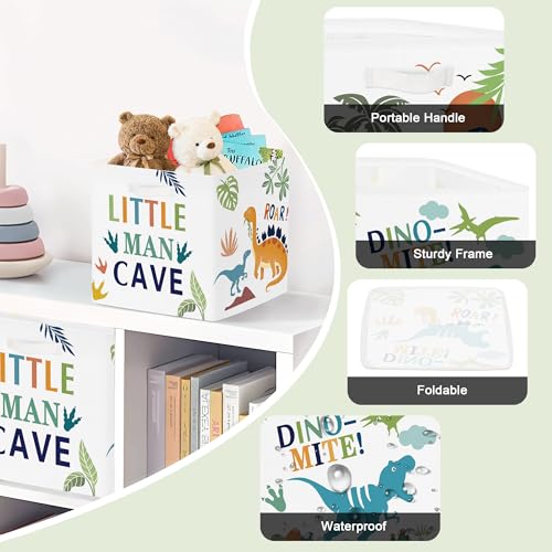 Clastyle 11.8" Dinosaur Storage Basket Set of 3 for Kid Boy Toy Clothes Bin | Collapsible Fabric Book Bin, Metal Frame Bottom Board, Cube Organizer, Closet Nursery Pantry Shelf Bedroom, Boho Dino Palm - color: Palms