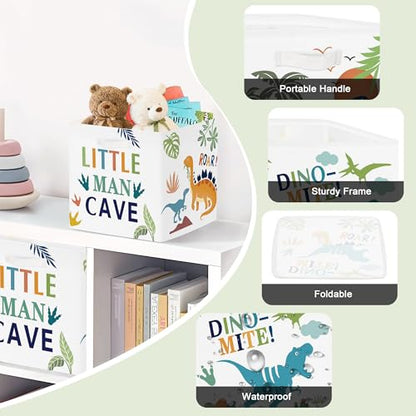 Clastyle 11.8" Dinosaur Storage Basket Set of 3 for Kid Boy Toy Clothes Bin | Collapsible Fabric Book Bin, Metal Frame Bottom Board, Cube Organizer, Closet Nursery Pantry Shelf Bedroom, Boho Dino Palm - color: Palms