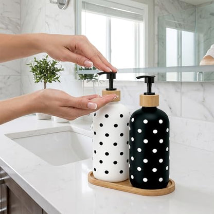Whaline Dot Soap Dispenser Set Glass Soap Dispenser with Pump and Wooden Tray Refillable Liquid Container for Hands Dishes Party Home Kitchen Bathroom Decor (Black & White)