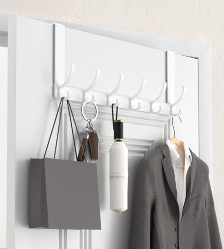 KitchLife Over The Door Hooks Hanger with 7 inches Extended Arms, Fits 1-3/4" Doors, F18U, Bathroom Towel Rack Organization, Thickened 6-Double Hook, Glossy White - color: Glossy White, size: Fits 1 3/4" Doors with 7" Arms
