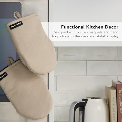 KITCHENAID Gourmet Series Gridlines Mini Oven Mitts 2-Pack Set, Heat Resistant up to 600°F, Soft Silicone Grip, Magnetic Cuff, Milkshake Tan, 5.5"x9" - color: Milkshake Tan