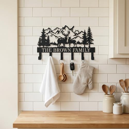 Personalization Deer Mountain Metal Key Holder custom Wall Mount Key Holder for Wall Rustic Cabin Decor Key Rack Hooks Hanger Woodland Wildlife Wall Art Entryway Organizer Housewarming Hunting Gifts - size: Small, style: Custom