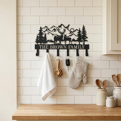Personalization Deer Mountain Metal Key Holder custom Wall Mount Key Holder for Wall Rustic Cabin Decor Key Rack Hooks Hanger Woodland Wildlife Wall Art Entryway Organizer Housewarming Hunting Gifts - size: Small, style: Custom