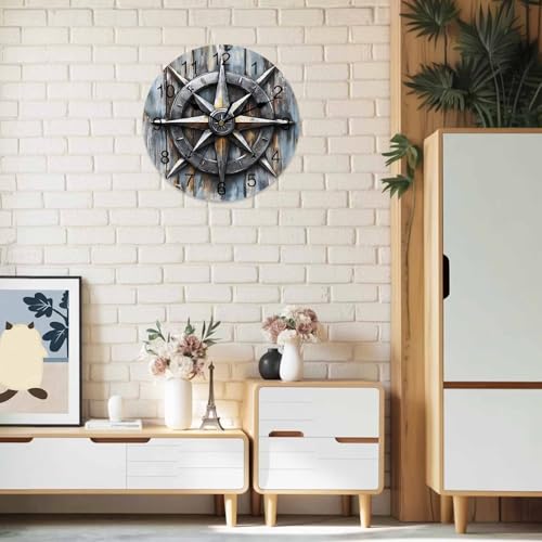 Yukro 14 Inch Retro Compass Wall Clock, Navigation Compass Wood Grain Battery Operated Silent Non Ticking Clocks, Easy to Read Round Wall Clock for Kitchen/Living Room/Bedroom/Office - color: Light Beige Gray Tan, size: 14 Inch