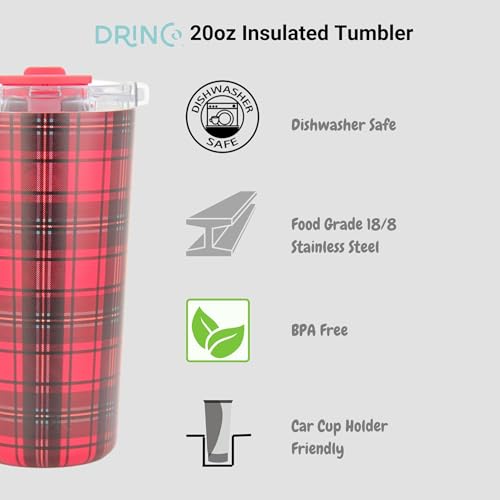 Drinco - 20 oz Stainless Steel Tumbler | Double Walled Vacuum Insulated Mug With Lid, 2 Straws, For Hot & Cold Drinks (20oz Tartan Plaid) - color: 20oz Tartan Plaid