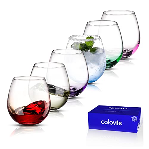ColoVie Stemless Wine Glasses set of 6, Colored Cocktail Cups, Party Glass | 15oz Stemless Wine Glasses for Red wine, White wine, Sangria, Spritz, Colorful Glassware Set for Home bar, Weddings and Gifts - style: Wine Glass