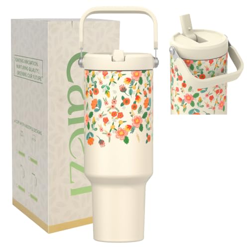 40 oz Insulated Tumbler with Top Handle and Flip Straw | Vacuum Insulated Stainless Steel Cup with Leak-Proof Lid, Sweat-Free, Fits Cup Holder, Keeps Ice Cold up to 30 Hours - color: Garden Floral, size: 40 Ounces