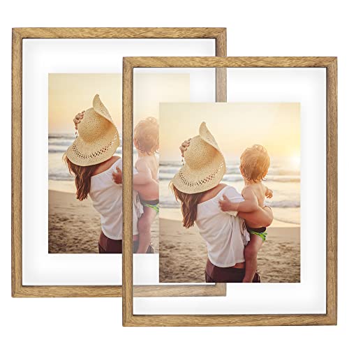 DLQuarts 11x14 Floating Photo Picture Frame, Floating Display for Photos 8x10, 7x9, 5x7, 8.5x11 Certificate, or Full Display for 11x14 Photos, Solid Wood, Double Glass, 2 Pack, Carbonized Brown - color: Carbonized Brown, size: 11x14