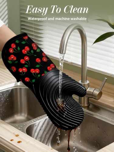 Slohif Long Silicone Oven Mitts Heat Resistant for Women - 2 Pcs Y2K Cherry 100% Cotton Oven Gloves, Non-Slip and Waterproof Silicone Oven Mitts with Hanger for Baking and Cooking - color: Black Red