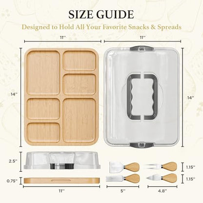 Charcuterie Board with Lid - Reversible, 2-in-1 Travel Portable Cheese Board for Picnics & Entertaining - Housewarming Gift Set Idea - Covered Snack Serving Tray - Large Food Platter - color: Natural Bamboo Wood