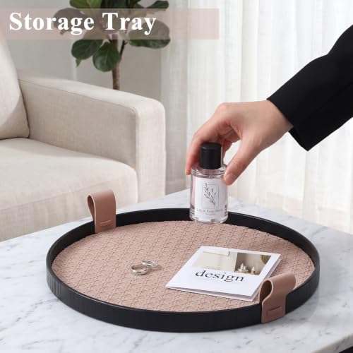 12 Inch Round Ottoman Tray, Woven Leather Decorative Tray,Brown | PU Leather Texture, Smooth Handles, Waterproof Surface, Easy Care Design, Coffee Table Accent, Living Room Home Decor