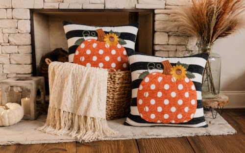 Embroidery Fall Pumpkin Pillow Covers Set of 2(Black & White,18x18) | Soft chenille, black-and-white stripe design, applique pumpkin and sunflower embroidery, hidden zipper, for sofa and bed - size: 18" x 18" (Pack of 2)
