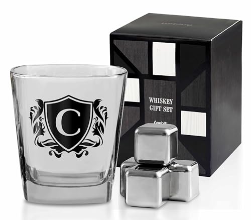 Whisky Gifts for Men, Personalized Initial Whiskey Glass with Whiskey Stones for Dad, Boyfriend, Best Friends, Coworkers, Husband, Brother, Uncle and Boss on Father's Day, Boss Day and Birthday - C - color: C