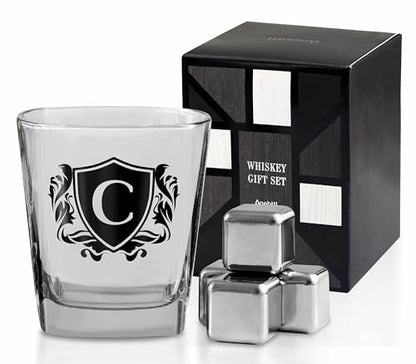 Whisky Gifts for Men, Personalized Initial Whiskey Glass with Whiskey Stones for Dad, Boyfriend, Best Friends, Coworkers, Husband, Brother, Uncle and Boss on Father's Day, Boss Day and Birthday - C - color: C