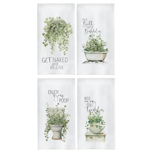 Sage Green Eucalyptus Plant Bathroom Hand Towels, Cottagecore Botanical Funny Quotes Hand Towels for Bathroom Toilet Washroom Restroom, 16x24 Inches Set of 4 - color: Sage Green