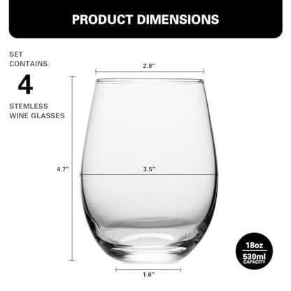 Stemless Wine Glasses Set of 4, 18 Ounces Red & White Wine Glasses for Party, Lead-free, Ideal Wine Accessories Gift (Clear)