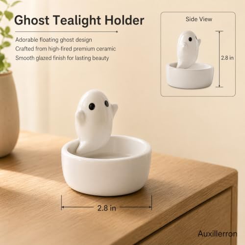 Ceramic Ghost Tealight Candle Holder, Cute Spooky Room Decor for Desk and Nightstand, Kawaii Witchy Aesthetic Small Votive Stand