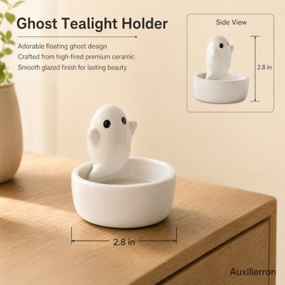 Ceramic Ghost Tealight Candle Holder, Cute Spooky Room Decor for Desk and Nightstand, Kawaii Witchy Aesthetic Small Votive Stand