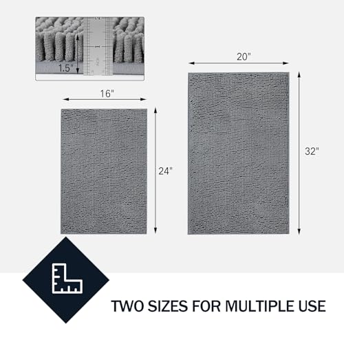 LINLA Bathroom Rugs Sets 2 Piece, Absorbent Soft Chenille Bath Mat, Grey | Non-Slip ,Quick Dry, Washable, Carpet Mats for Floor, Tub and Shower,32" x 20"/24" x 17" - color: Grey-grey