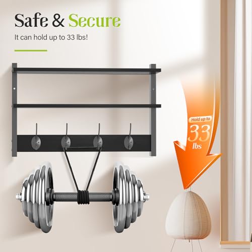 Two-Tier Wall Shelf with Hooks, 17" Coat Rack Wall Mount with Shelf, Entryway Key Hooks for Wall with Heavy Duty Double Hooks, Coat Hook Wall Mounted for Bedroom, Living Room, Black - color: Black-1 Pack