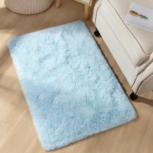 YJ.GWL Area Rugs for Bedroom, 2x3 Door Mat Washable Small Light Blue Bedside Rug,Fluffy Shaggy Entryway Rugs for Living Room, Shag Indoor Floor Carpet for Kids Boy and Girls, Home Decor Aesthetic - color: Light Blue, size: 2' x 3' (Rectangular)