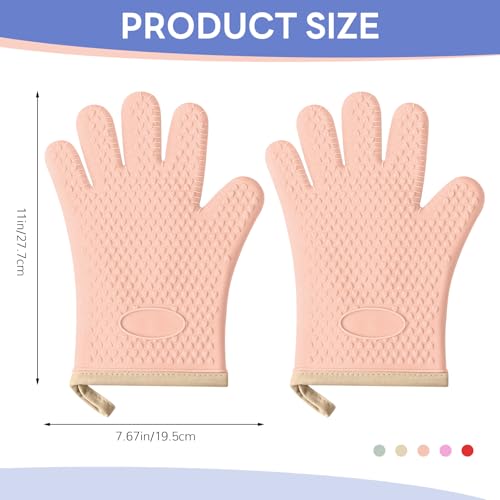 1 Pair Oven Mitts, Heat Resistant Protective Oven Gloves, Cotton Lined Silicone Kitchen Mitts Pair, Nonslip Silicone Cooking Gloves with Fingers (Light Pink) - color: Light Pink