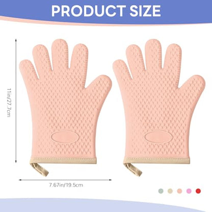 1 Pair Oven Mitts, Heat Resistant Protective Oven Gloves, Cotton Lined Silicone Kitchen Mitts Pair, Nonslip Silicone Cooking Gloves with Fingers (Light Pink) - color: Light Pink